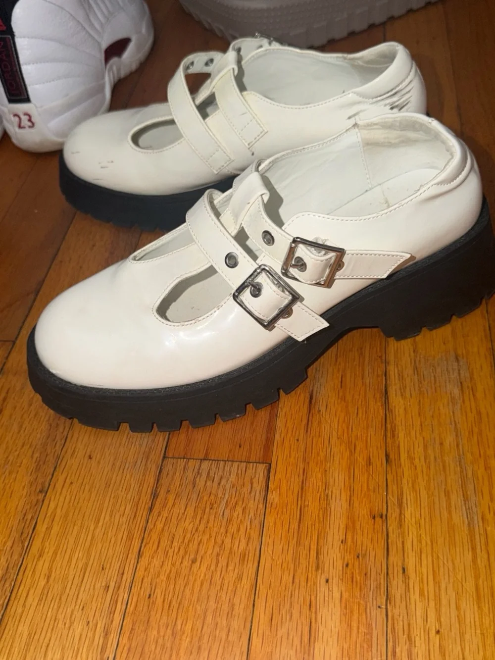 White Platform Mary Jane Shoes with Thick Black Sole